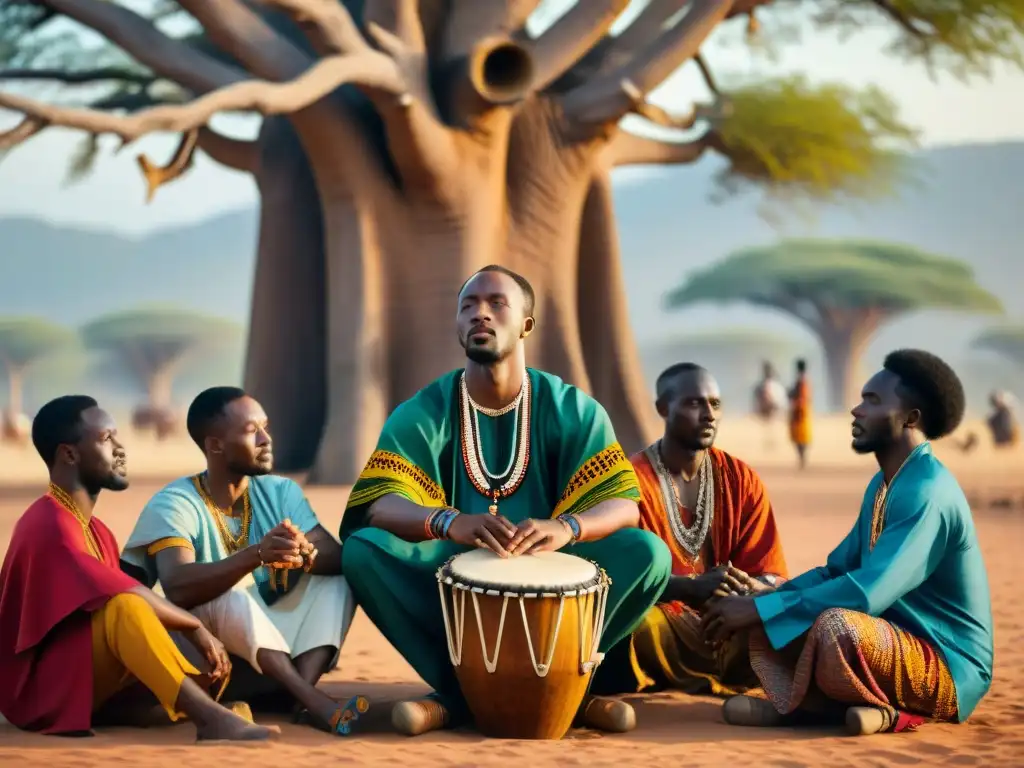 Un grupo de músicos africanos toca instrumentos tradicionales bajo un baobab al atardecer, conectando música, cultura y comunidad