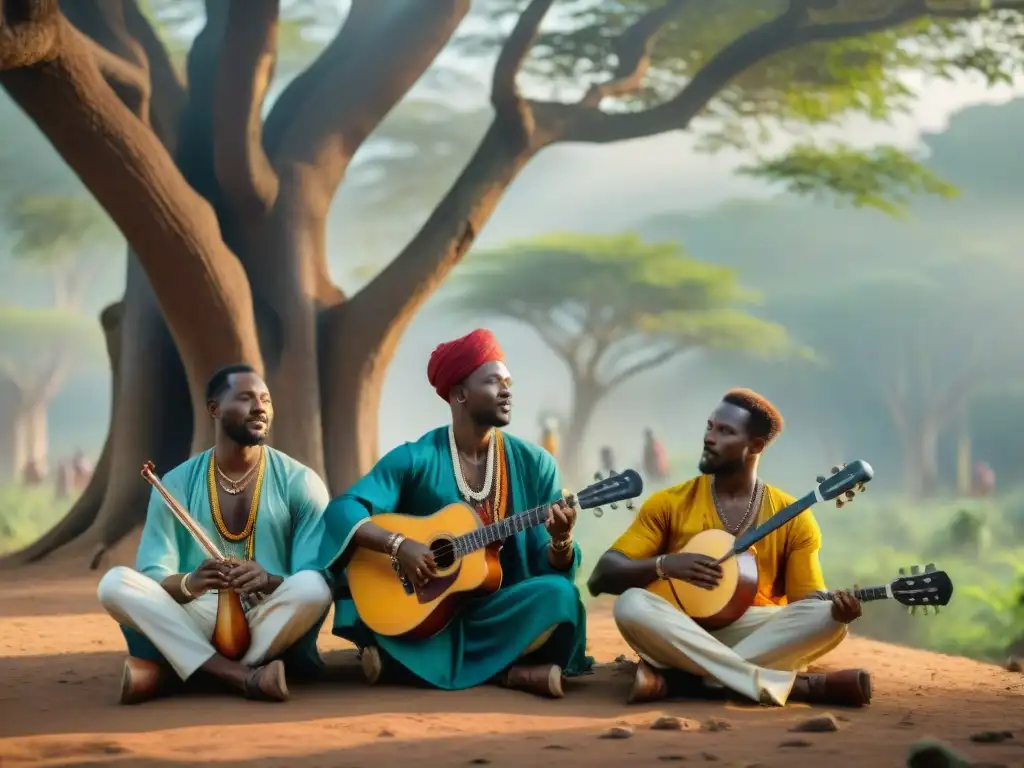 Un grupo de músicos africanos tocan instrumentos tradicionales bajo un árbol en un bosque verde, con el sol filtrándose entre las hojas