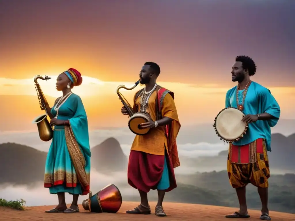 Un grupo de músicos africanos tocan instrumentos tradicionales bajo un vibrante atardecer, con siluetas de personas bailando al fondo, capturando la importancia de la música en la resistencia cultural africana