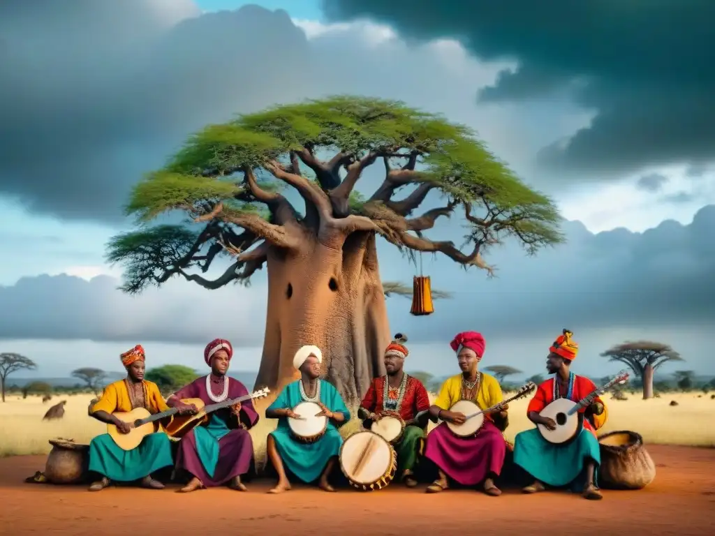 Un grupo de músicos africanos tocando instrumentos tradicionales bajo un baobab, con la savana de fondo y un cielo nublado