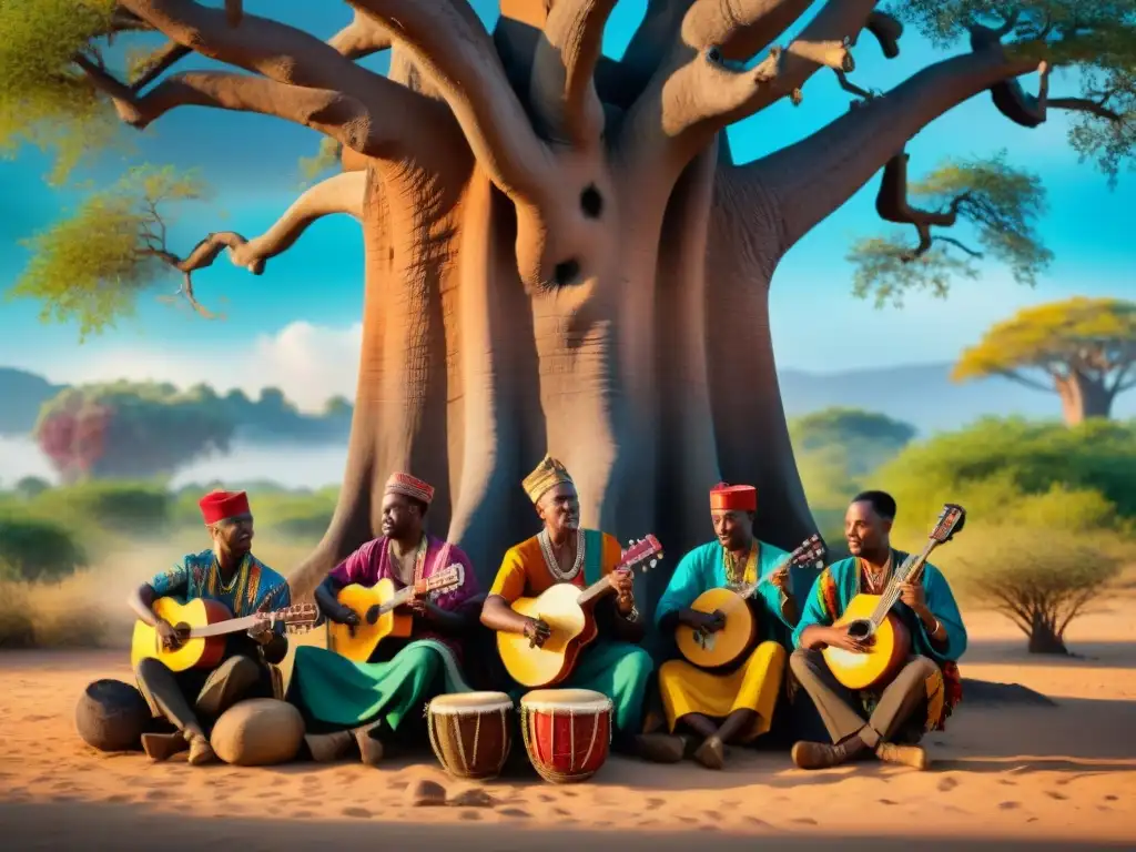 Grupo de músicos africanos tocando instrumentos tradicionales bajo un árbol Baobab, enriqueciendo Arte y música en África