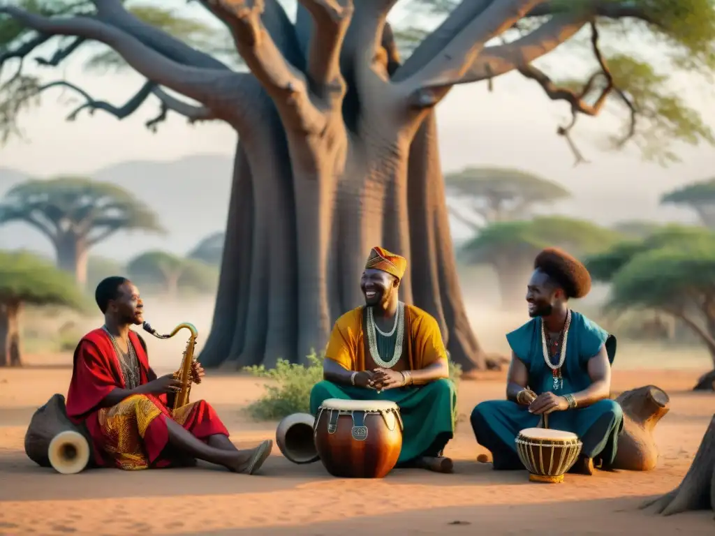 Un grupo de músicos africanos tocando instrumentos musicales divinos terrenales bajo un baobab, envueltos en la esencia mística de África