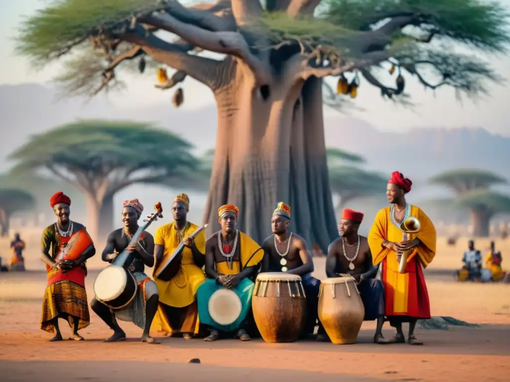 Un grupo de músicos africanos tocan instrumentos tradicionales bajo un baobab al atardecer, rodeados de espectadores y niños bailando