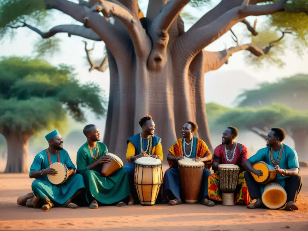 Un grupo de músicos africanos tocando instrumentos tradicionales bajo un baobab, rodeados de colores vibrantes y espectadores entusiastas