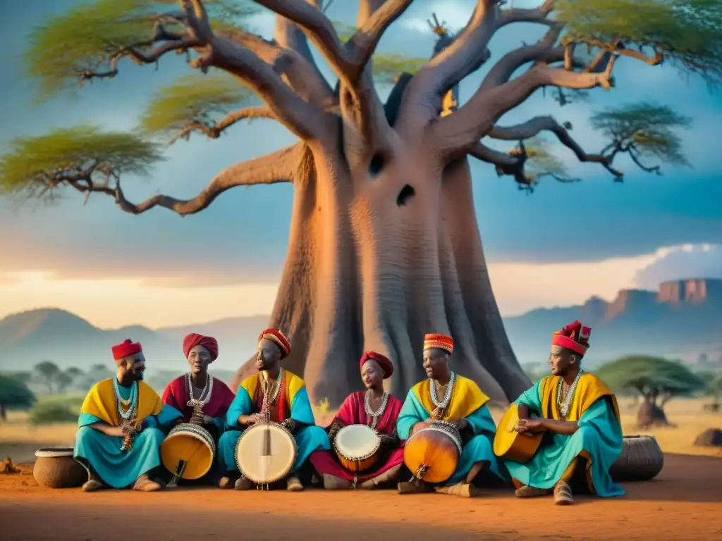 Un grupo de músicos africanos tocando instrumentos tradicionales bajo un baobab en un pueblo