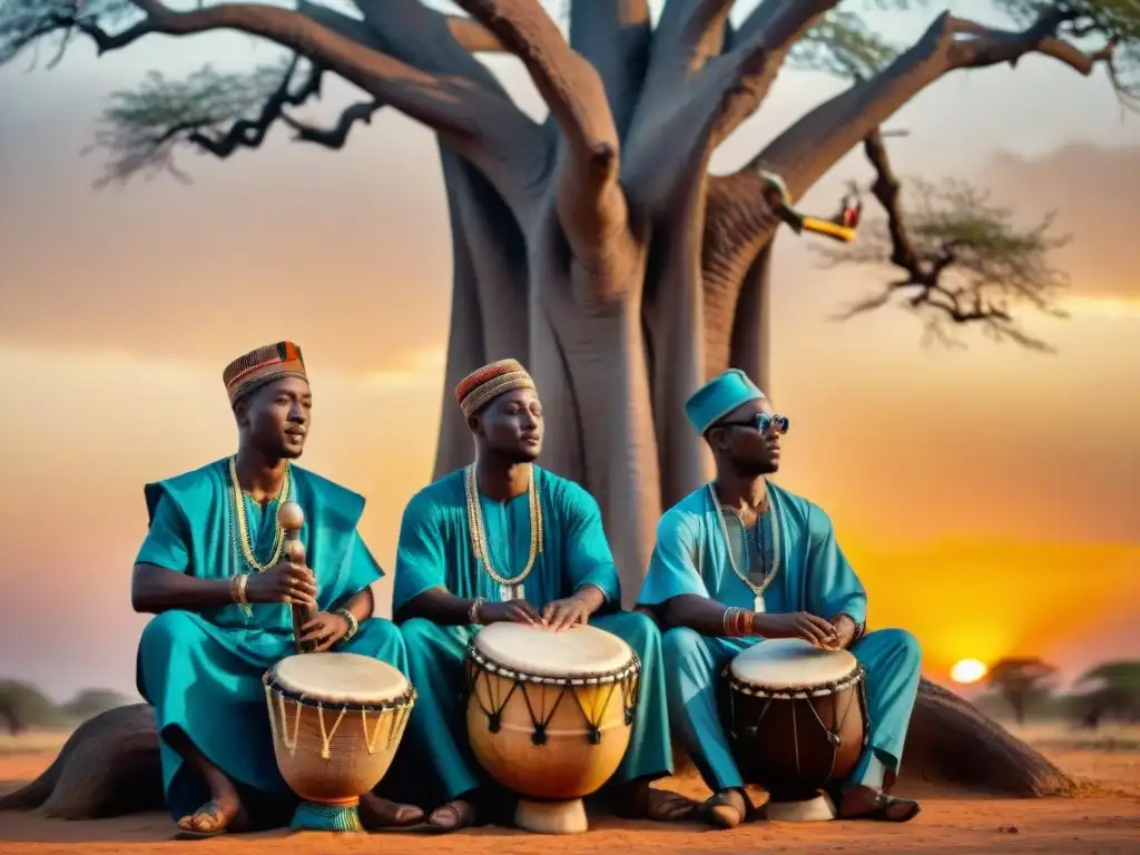 Grupo de músicos africanos tocando instrumentos musicales africanos divinos terrenales bajo un baobab al atardecer