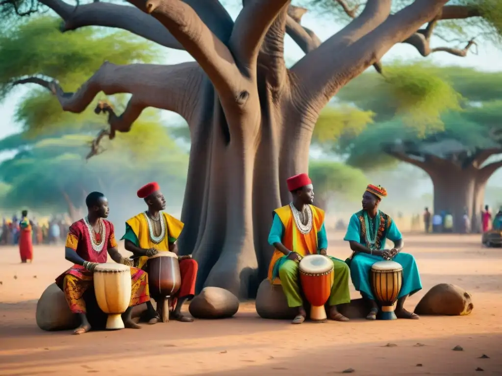 Grupo de músicos africanos tocando instrumentos tradicionales bajo un baobab, rodeados de niños bailando