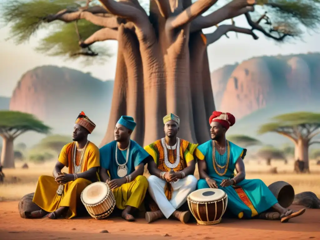 Un grupo de músicos africanos interpreta instrumentos tradicionales bajo un baobab, en un paisaje africano al atardecer