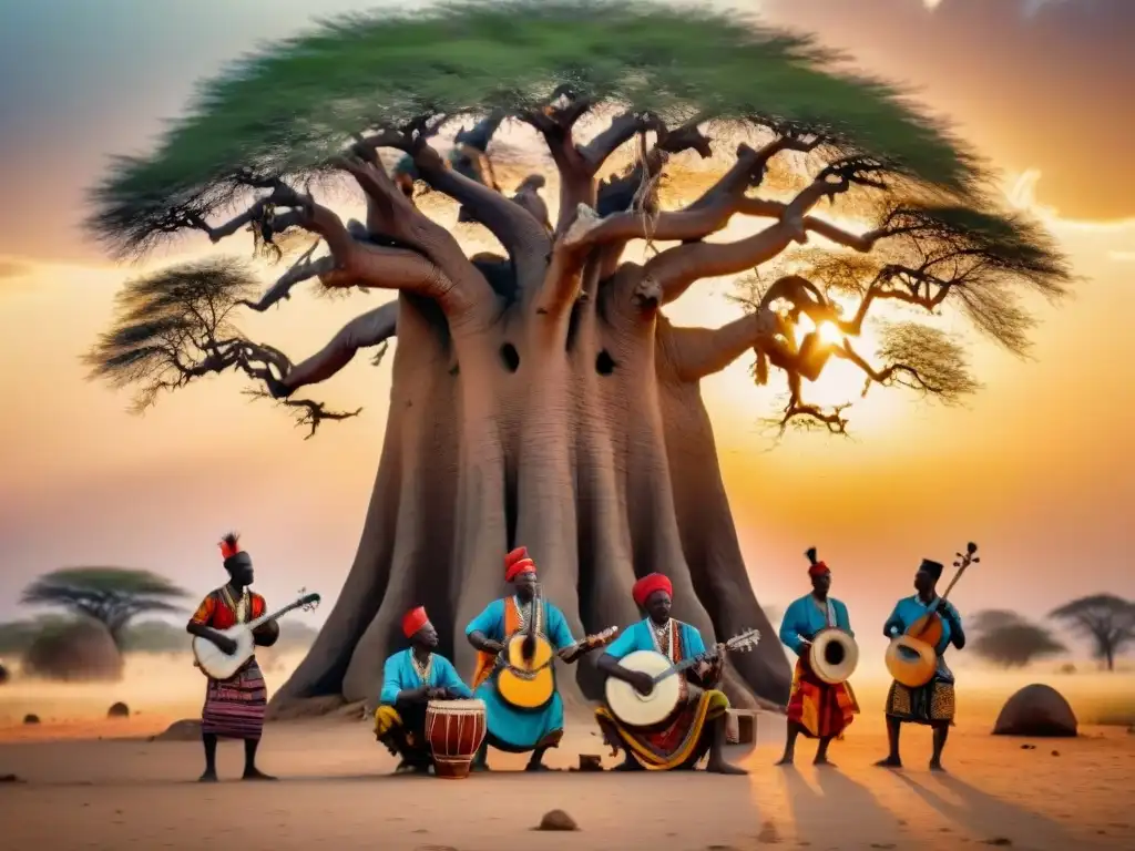 Grupo de músicos africanos tocando instrumentos tradicionales bajo un baobab al atardecer