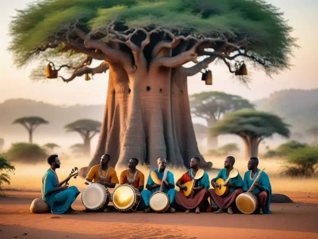 Un grupo de músicos africanos toca instrumentos tradicionales bajo un baobab al atardecer