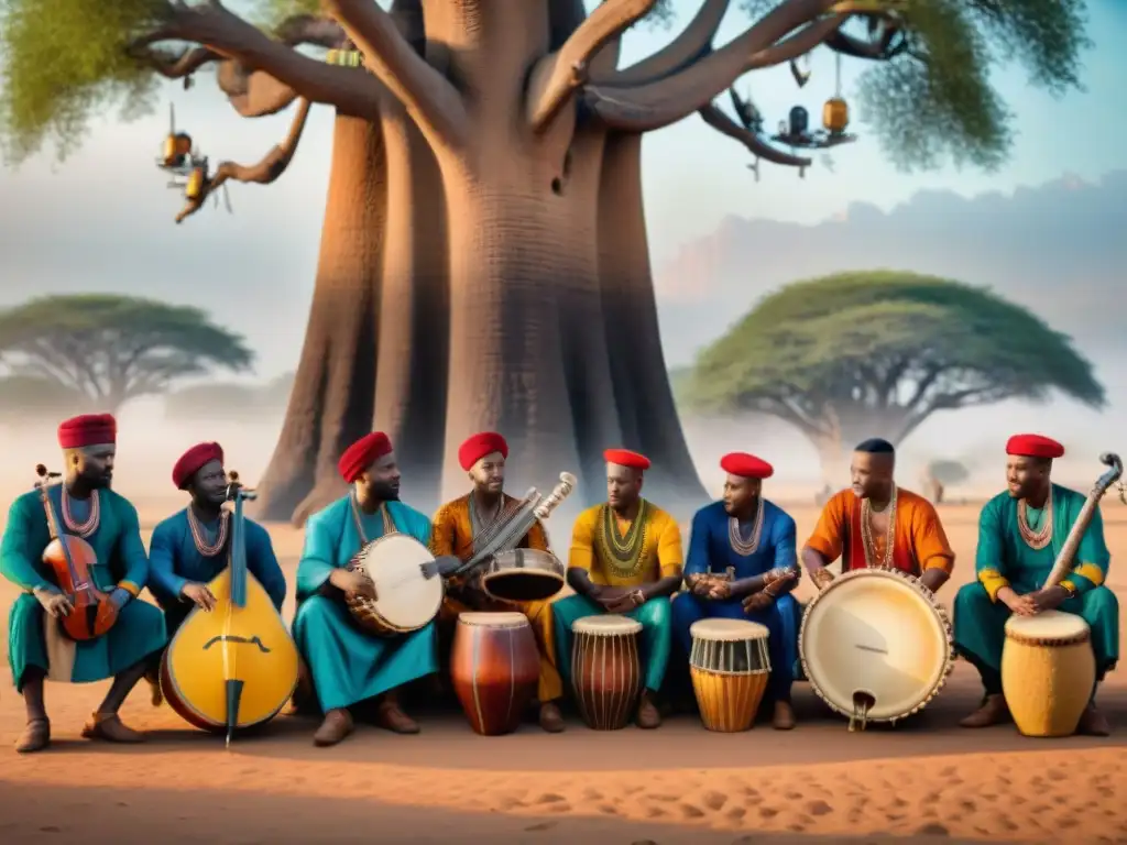 Grupo de músicos africanos de diversas minorías étnicas tocando bajo un baobab