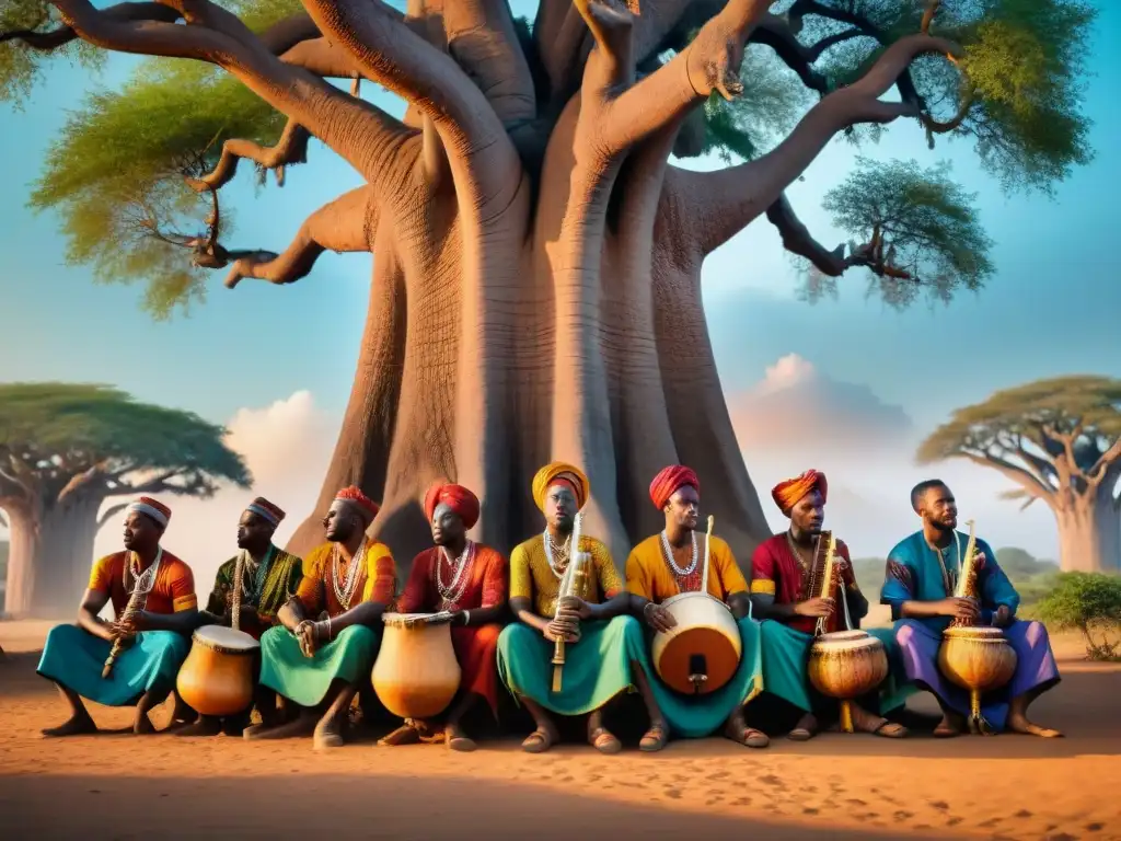 Grupo de músicos africanos tocando música sagrada con instrumentos tradicionales bajo un baobab majestuoso