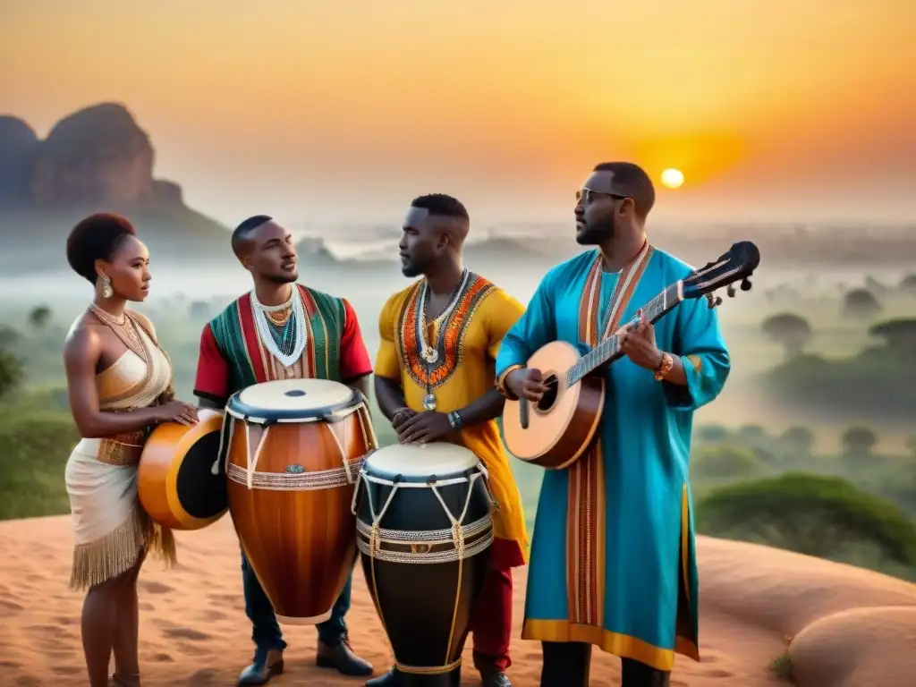 Un grupo de músicos africanos de diversas naciones tocando juntos en un círculo, con pasión y concentración en un paisaje africano al atardecer