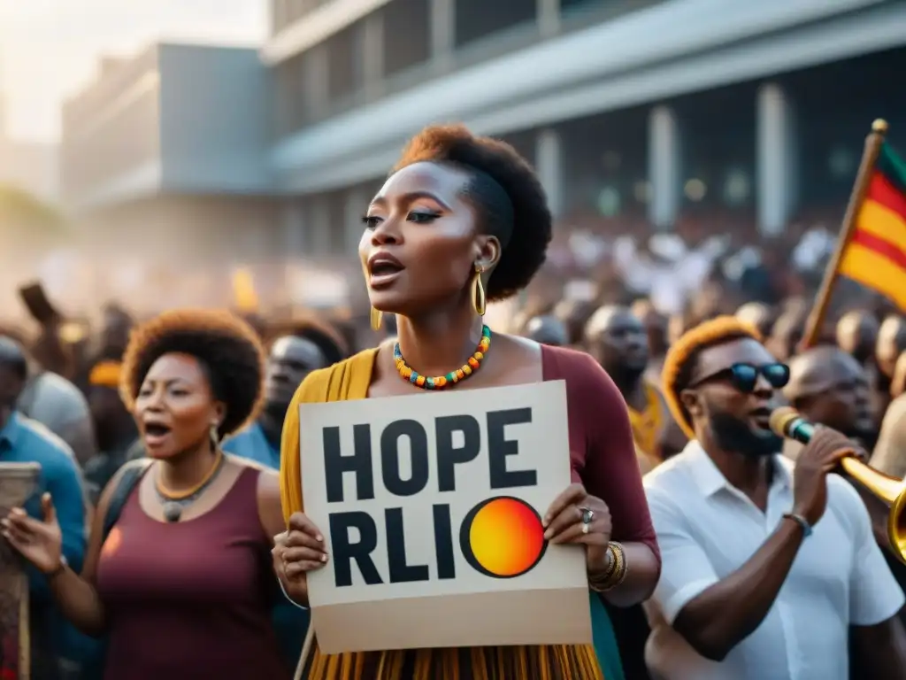 Un grupo de músicos africanos tocando apasionadamente en una protesta, rodeados de una multitud diversa con pancartas de cambio social y unidad