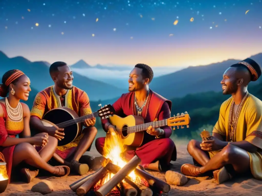 Grupo de músicos africanos reunidos alrededor de una fogata, tocando instrumentos tradicionales y cantando juntos bajo un cielo estrellado