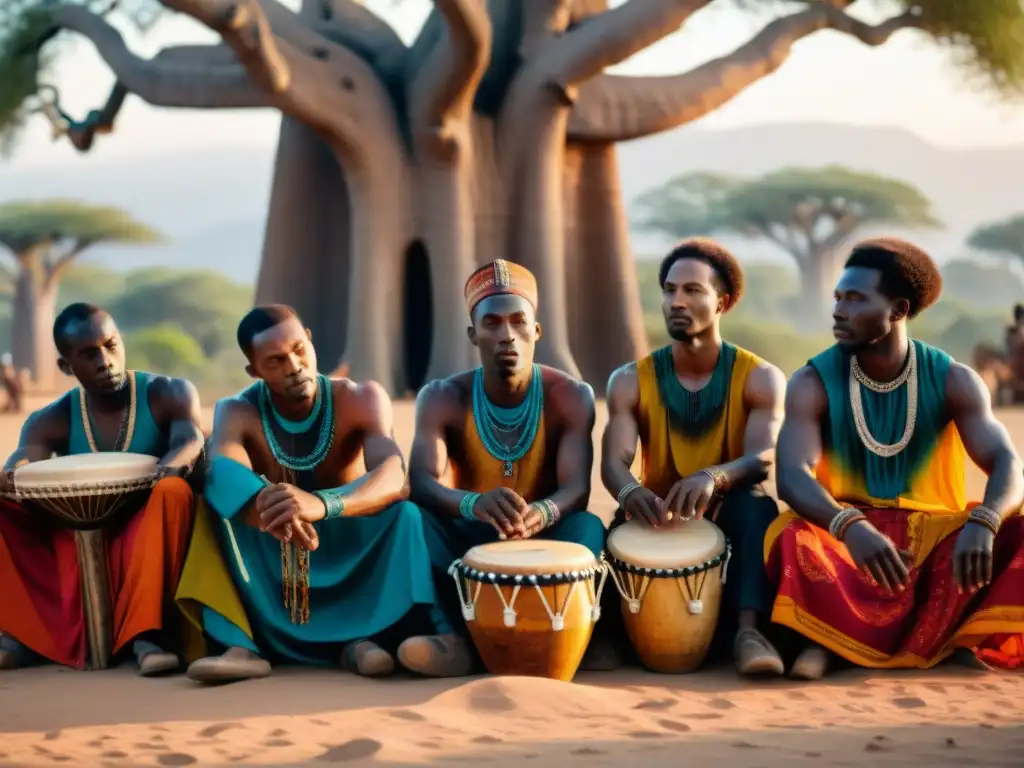 Un grupo de músicos africanos en un ritual sagrado, tocando tambores y cuerdas bajo un baobab al atardecer