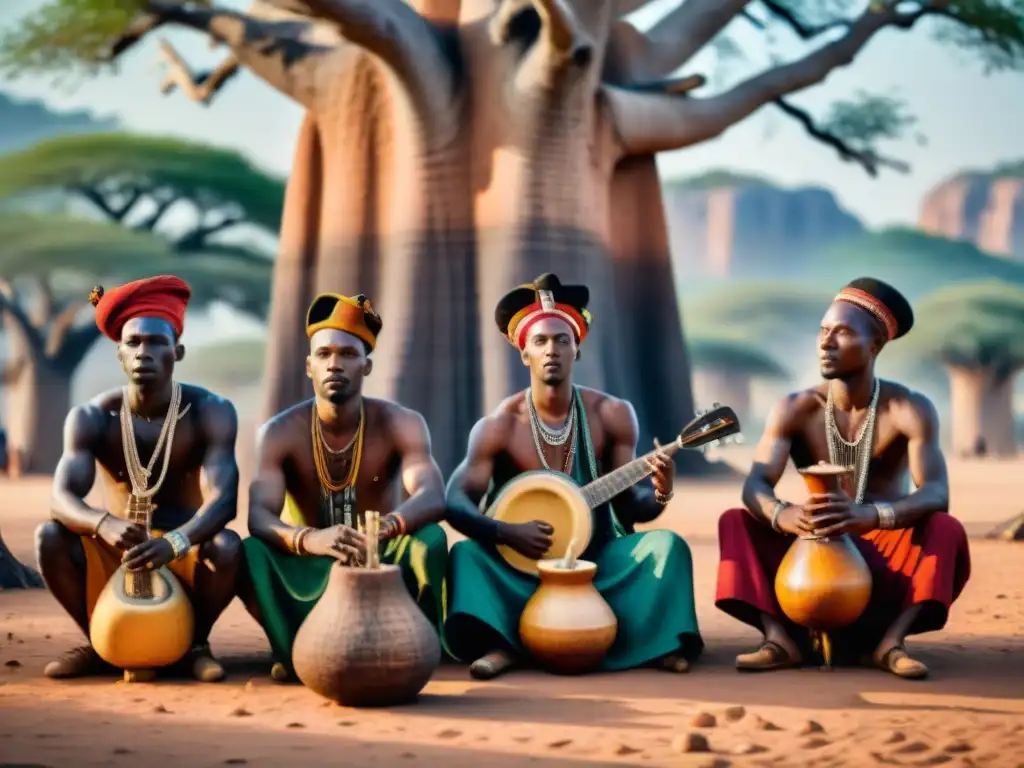 Un grupo de músicos africanos en rituales sagrados bajo un baobab, vistiendo trajes tradicionales vibrantes