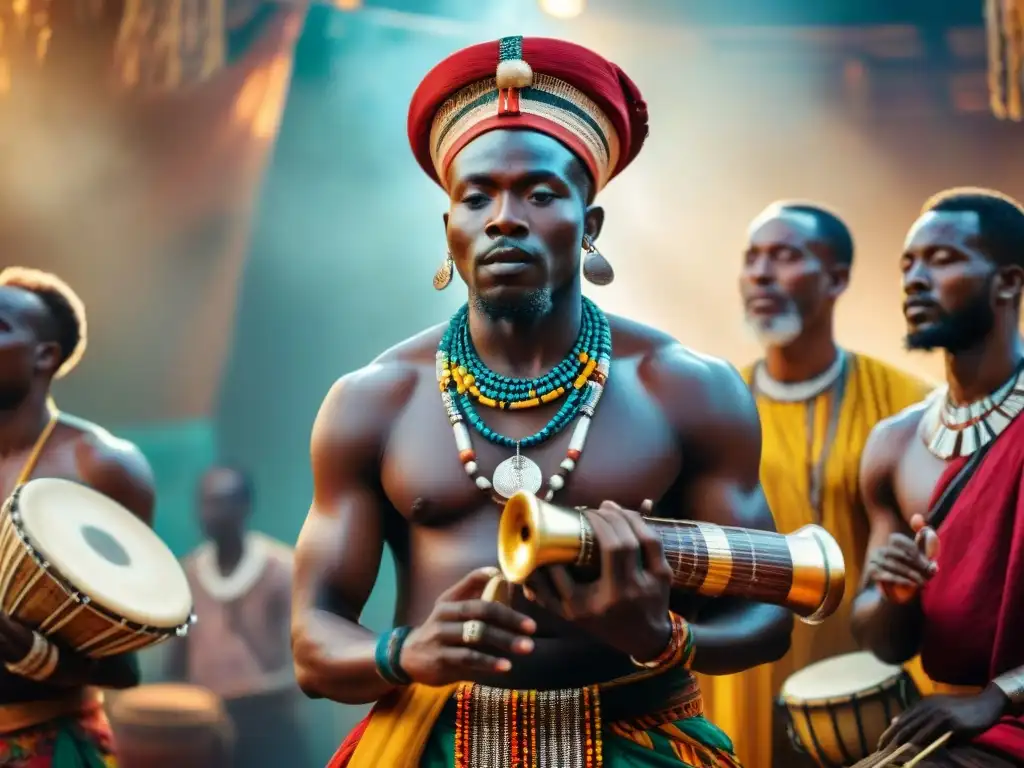 Grupo de músicos africanos en rituales sagrados, tocando instrumentos antiguos con pasión