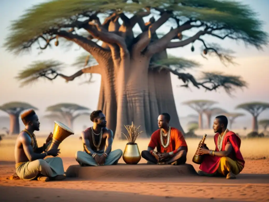 Grupo de músicos africanos en rituales sagrados bajo un baobab al atardecer