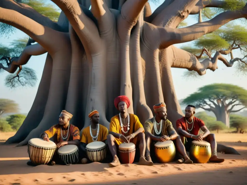 Grupo de músicos africanos tocando tambores bajo un baobab, reflejando la influencia espiritualidad africana en la música global