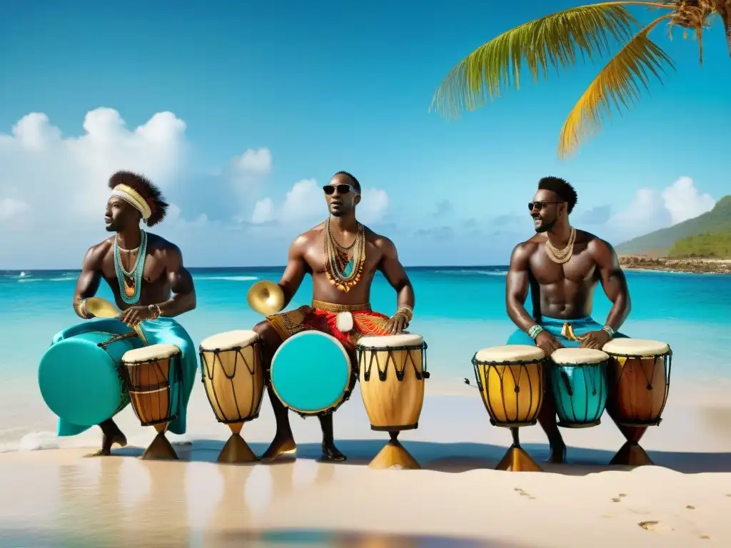 Grupo de músicos africanos tocando tambores en la playa, fusionando influencias musicales caribeñas y africanas con energía y orgullo cultural