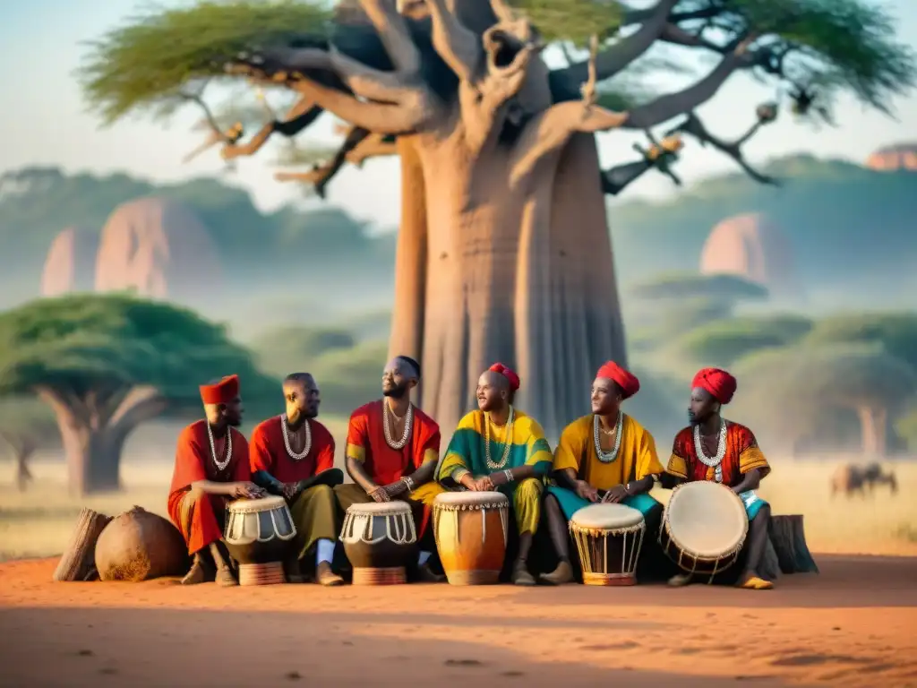 Un grupo de músicos africanos toca tambores bajo un baobab al atardecer, reflejando resiliencia y riqueza cultural