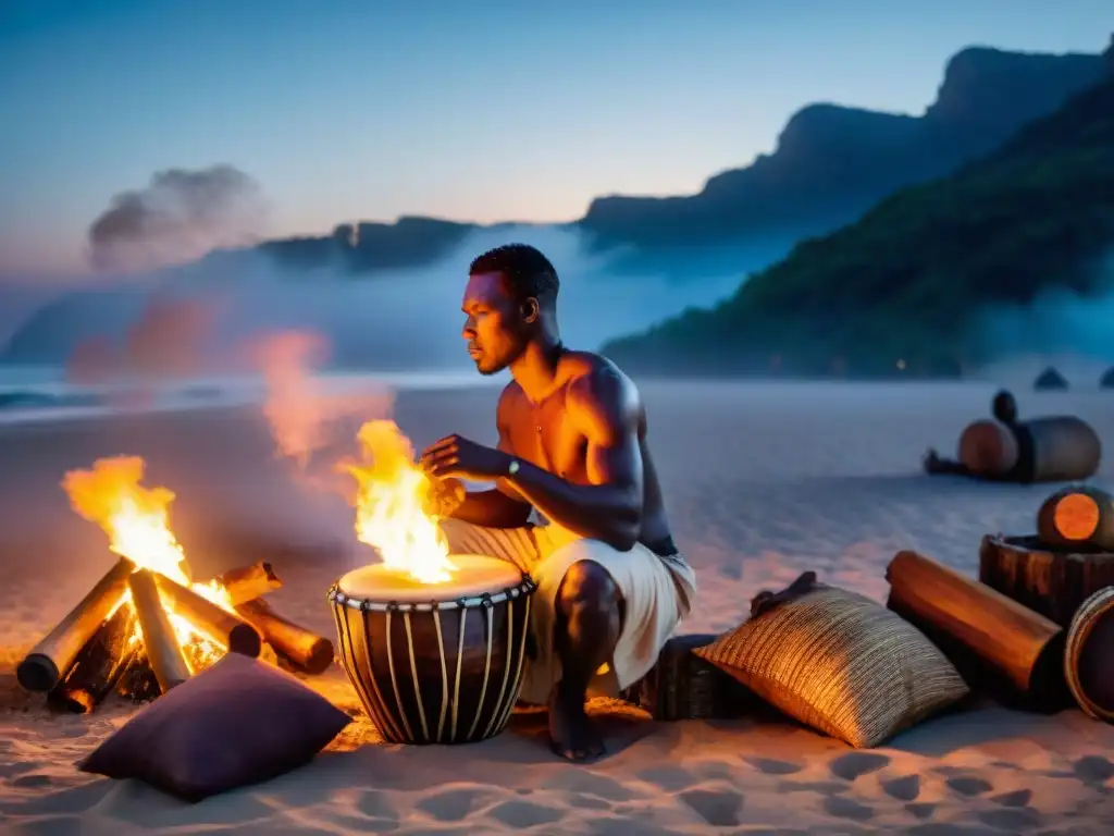 Grupo de músicos africanos tocando tambores tradicionales bajo la luz de la luna alrededor de una fogata, sus rostros iluminados por las llamas mientras sus manos se mueven rítmicamente