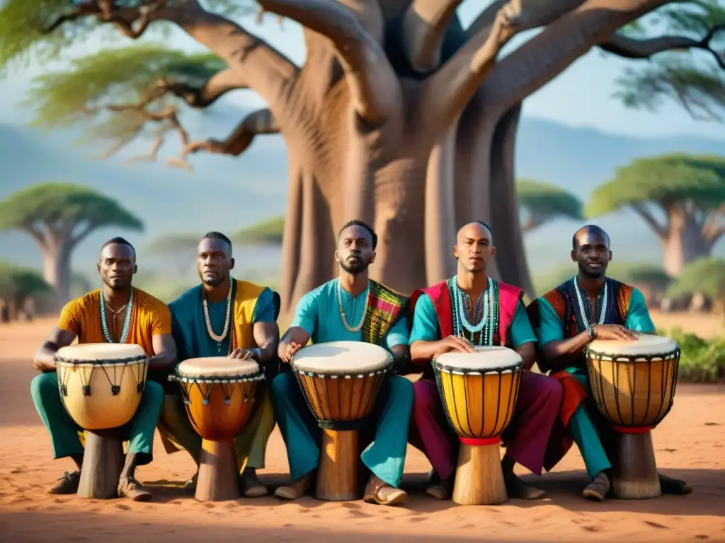 Un grupo de músicos africanos toca tambores Djembe bajo un Baobab