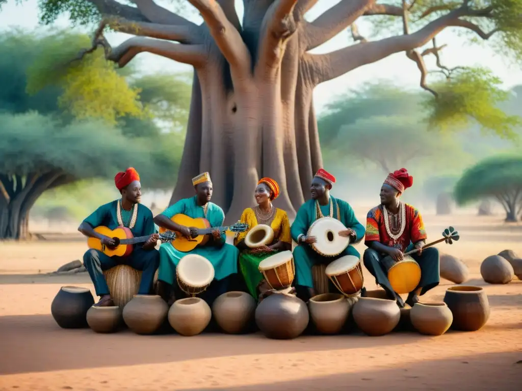 Un grupo de músicos africanos tradicionales tocando instrumentos bajo un baobab