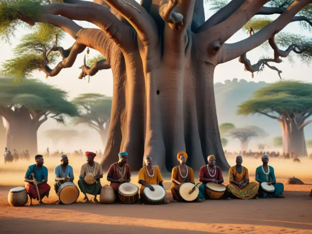 Un grupo de músicos africanos tradicionales tocando bajo un baobab al atardecer, reflejando alegría y concentración