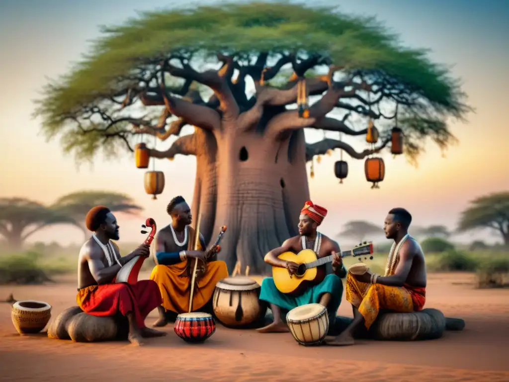 Un grupo de músicos africanos tradicionales tocan instrumentos bajo un Baobab al atardecer, mostrando orgullo y conexión ancestral