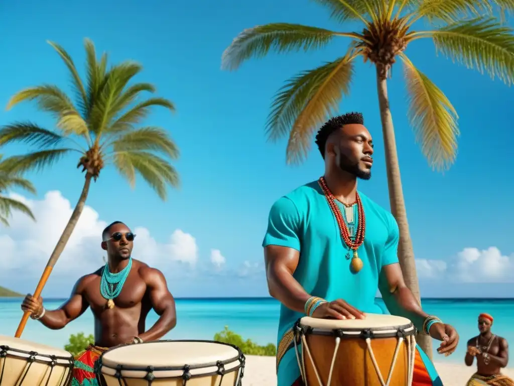 Grupo de músicos afrocaribeños tocando tambores tradicionales bajo palmeras en la playa