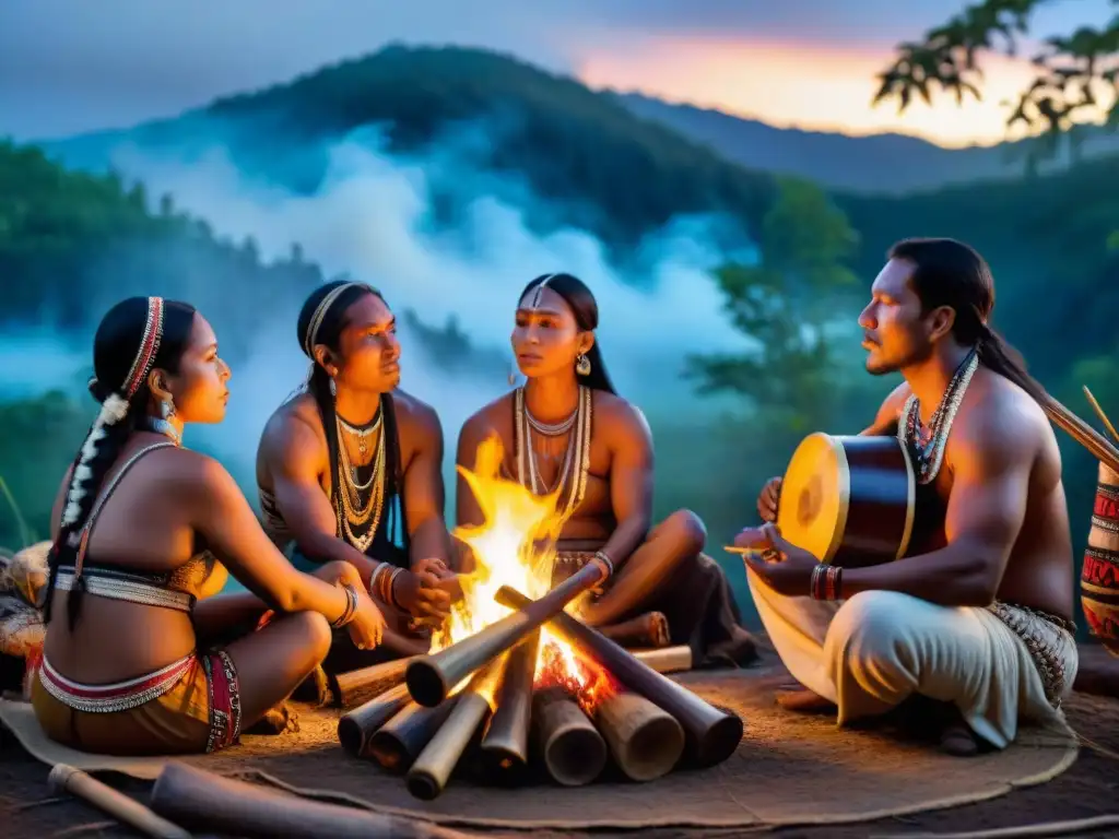 Grupo de músicos indígenas tocando instrumentos tribales alrededor de fogata en bosque místico