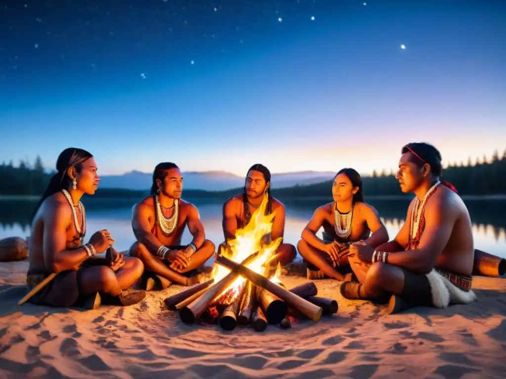 Grupo de músicos indígenas tocando instrumentos tribales alrededor de una fogata bajo un cielo estrellado