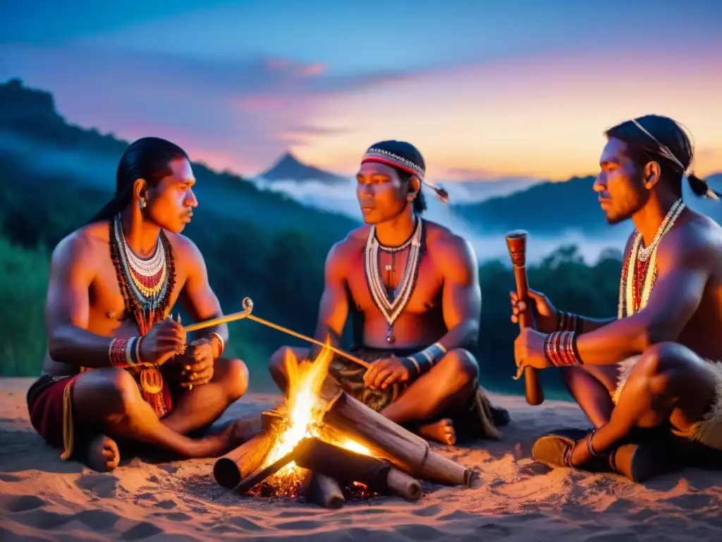 Grupo de músicos indígenas tocando instrumentos tribales alrededor de una fogata en la selva, resaltando la preservación de la música tribal