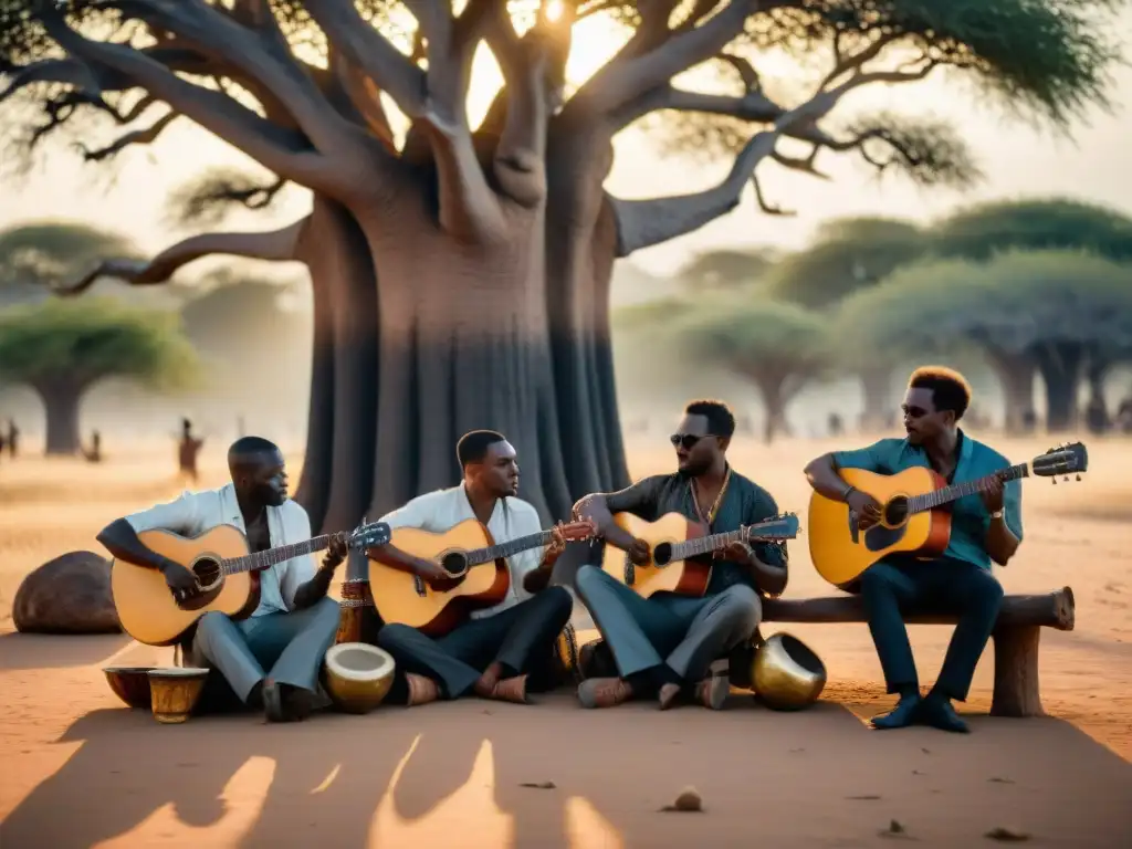 Un grupo de músicos diversos tocan instrumentos africanos bajo un baobab al atardecer