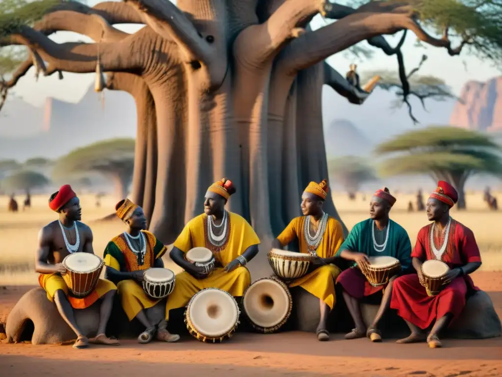 Un grupo de músicos toca instrumentos africanos bajo un baobab al atardecer, en una escena llena de tradición y pasión