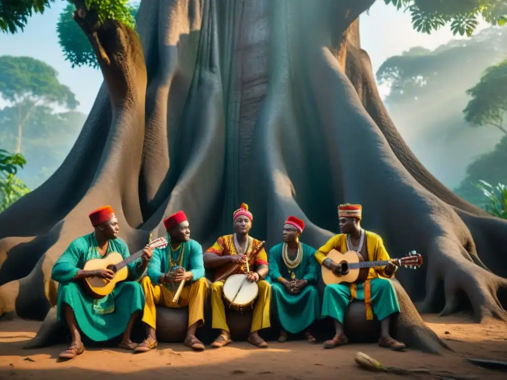 Grupo de músicos del Congo Basin tocando instrumentos bajo un árbol antiguo, escena mágica de música tradicional río Congo