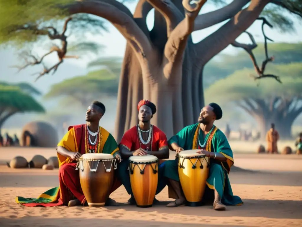 Un grupo de músicos toca instrumentos musicales tradicionales africanos bajo un baobab