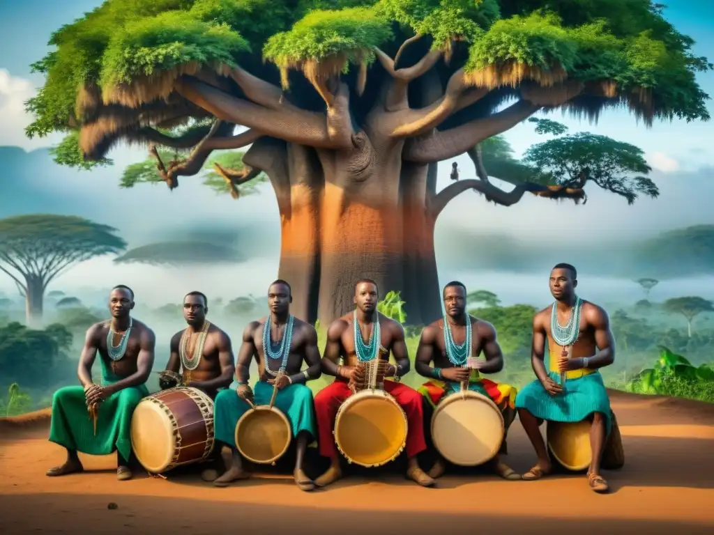 Grupo de músicos del Congo tocando instrumentos tradicionales bajo un Baobab, en la exuberante selva del río Congo