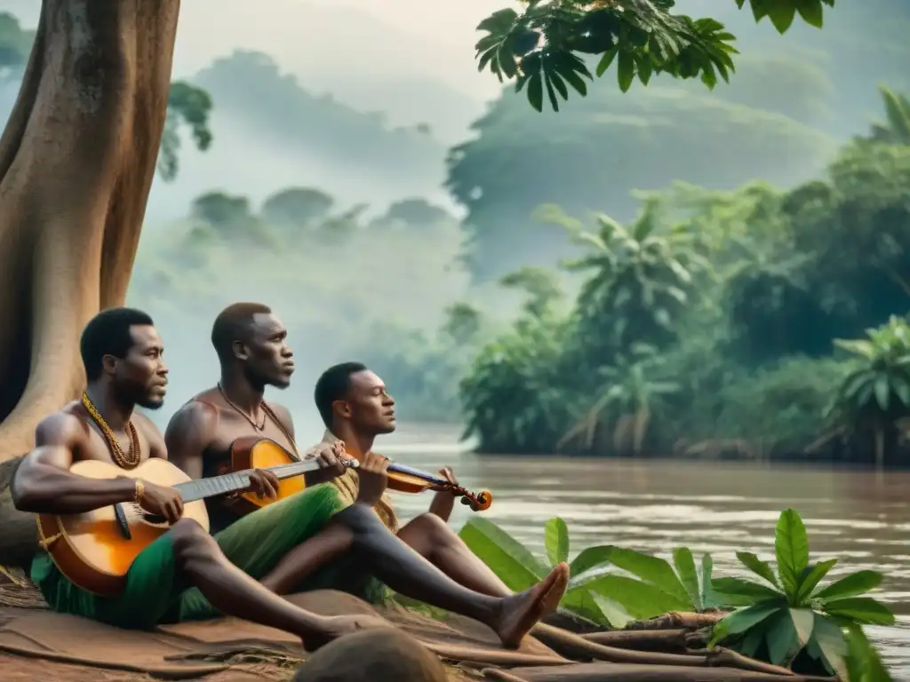 Grupo de músicos del río Congo tocando instrumentos tradicionales bajo antiguos árboles, con expresiones apasionadas y luz filtrándose entre las hojas