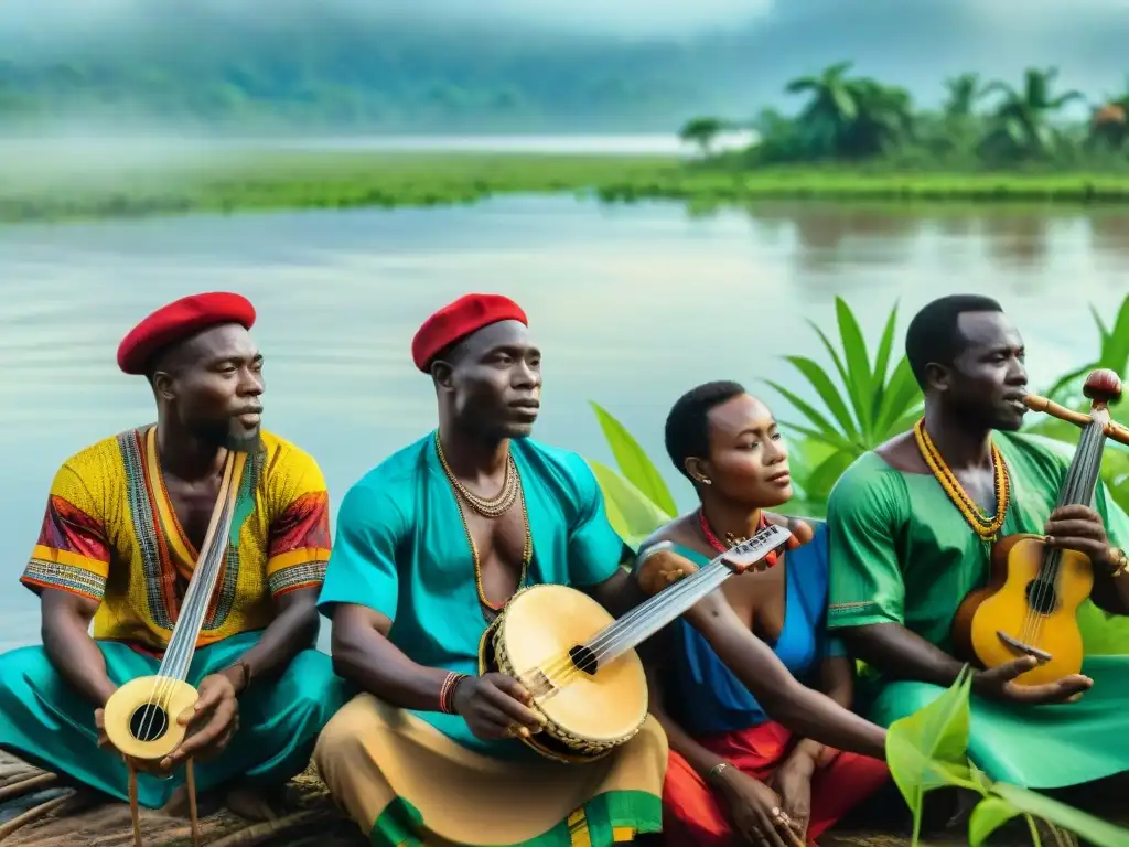 Grupo de músicos tocando instrumentos tradicionales junto al río Congo, rodeados de naturaleza exuberante y vida silvestre vibrante, mostrando la rica herencia cultural y tradiciones musicales de la cuenca del río Congo