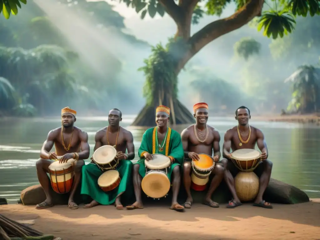 Un grupo de músicos del río Congo, tocando instrumentos tradicionales bajo un árbol frondoso, rodeados de una audiencia diversa