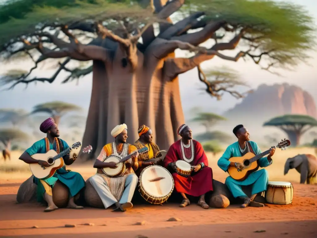 Un grupo de músicos tocando instrumentos tradicionales africanos bajo un baobab gigante al atardecer