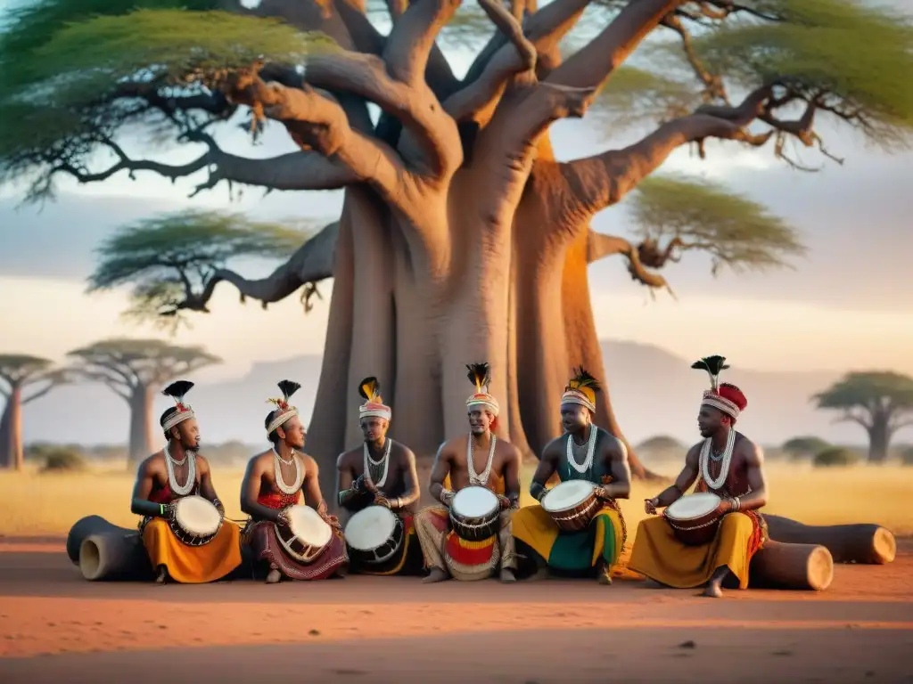 Grupo de músicos tribales tocando bajo un baobab al atardecer, con vestimenta tradicional y expresiones de alegría y concentración