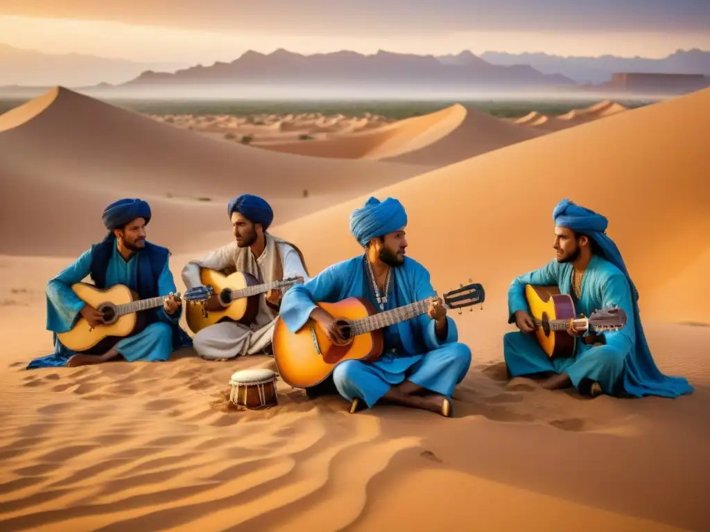 Grupo de músicos Tuareg tocando en el desierto del Sahara al atardecer, creando música de los pueblos nómadas de África