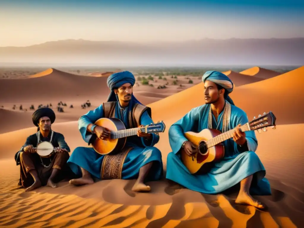 Grupo de músicos Tuareg tocando instrumentos tradicionales bajo el cielo del Sahara