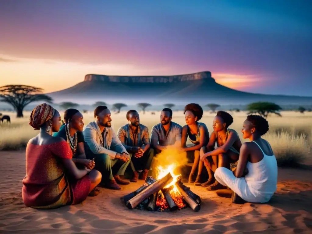 Grupo de narradores africanos comparten cuentos bajo las estrellas en la sabana africana