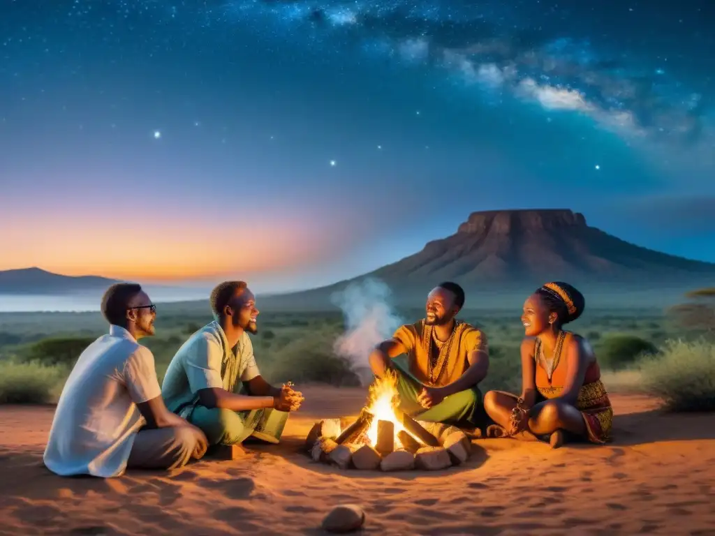 Grupo de narradores africanos compartiendo historias alrededor de una fogata bajo un cielo estrellado