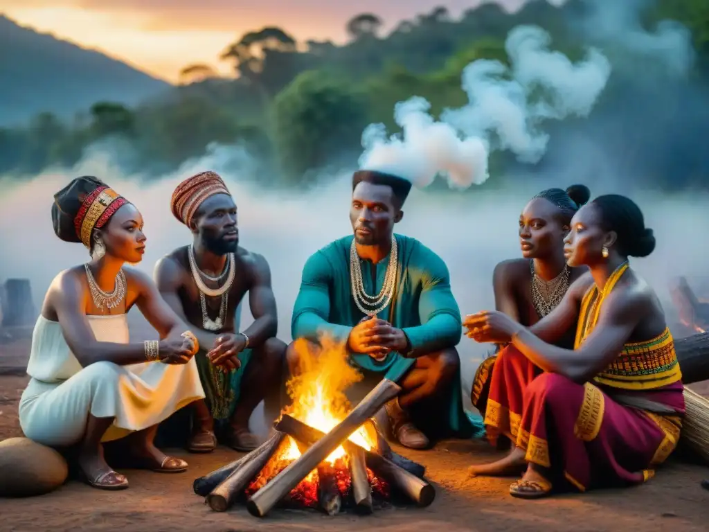 Grupo de narradores africanos compartiendo mitos alrededor del fuego en la selva, con expresiones intensas